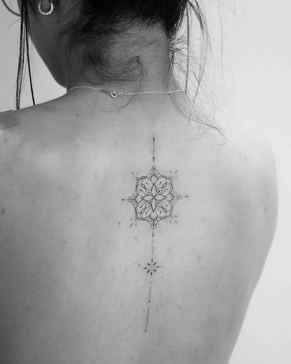 Mandala spine tattoo by @maricatattoo