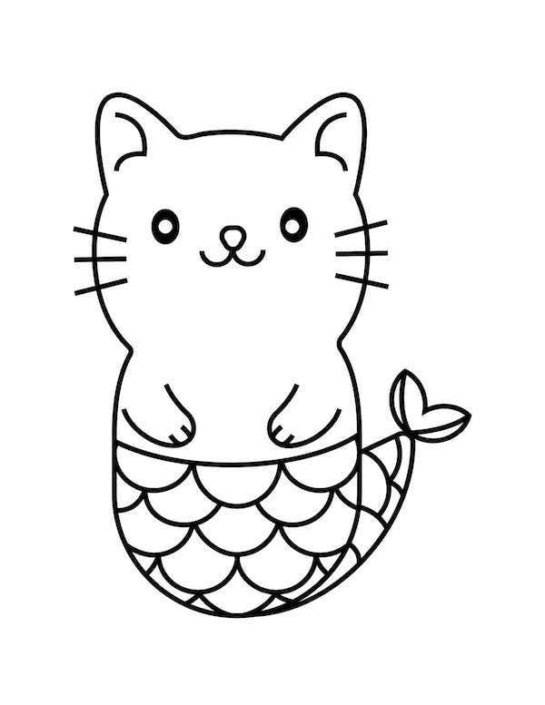 Mermaid cat Easy cat coloring page for kids