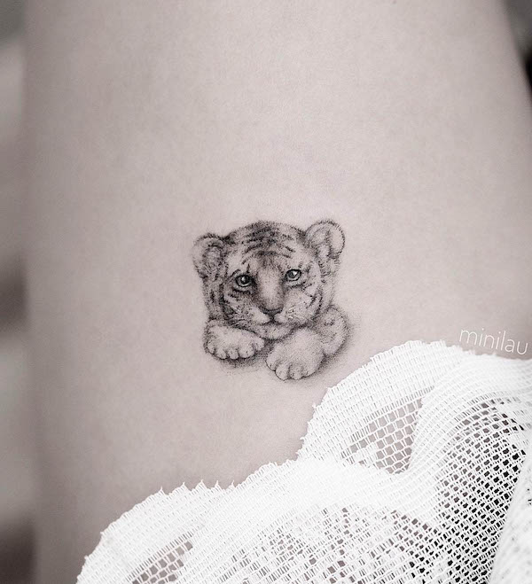 Super cute fine line baby tiger tattoo by @mini_tattooer