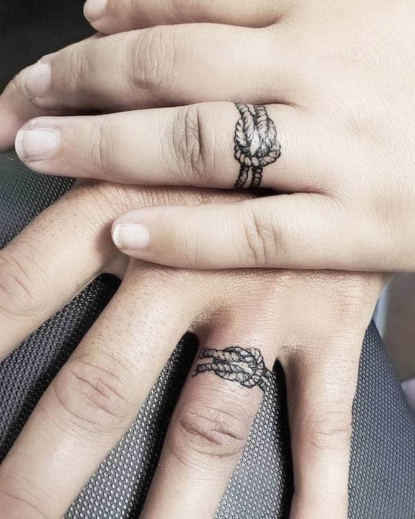 Tie the knot wedding ring finger tattoos by @dominickdtattoos