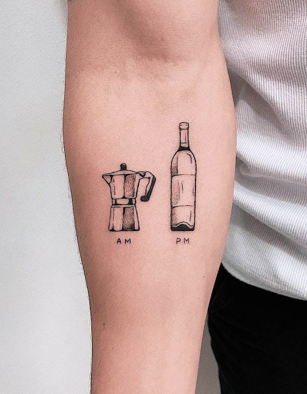 Am Pm coffee and wine tattoo by @cadinktattoo