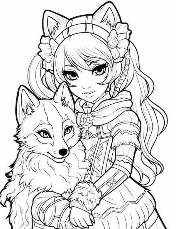 Anime-inspired wolf and girl coloring page