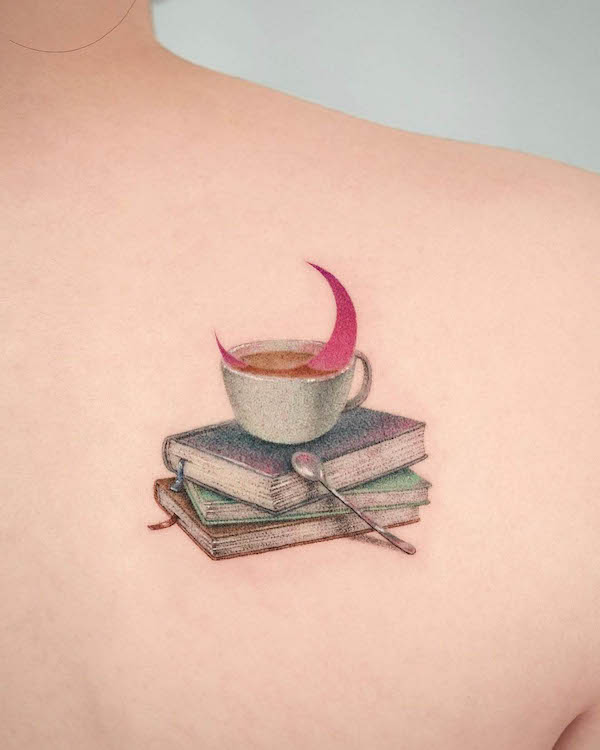 Books and coffee tattoo by @tattooist_basil