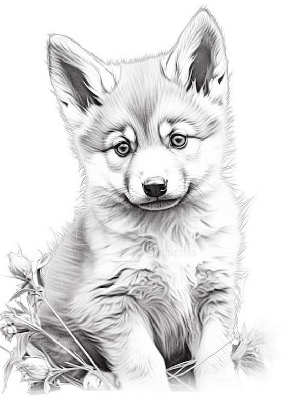 Cute wolf cub realistic coloring page