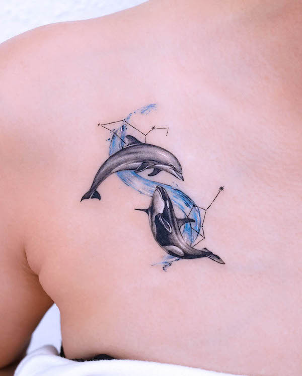 Dolphin and whale constellation tattoo by @tattooist_yun