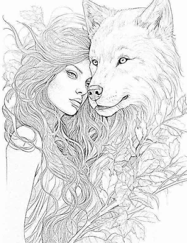 Fairy and wolf coloring page