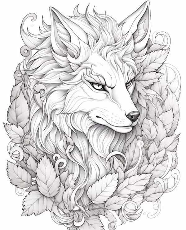 Floral wolf coloring page for adults