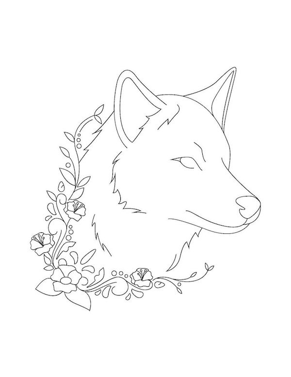 Floral wolf coloring page