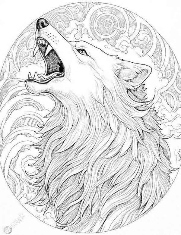 Oriental howling wolf coloring page