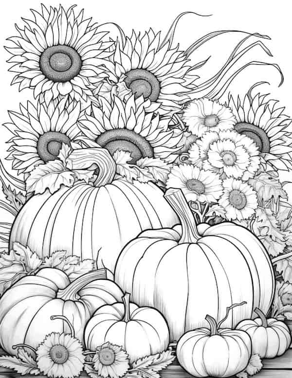 Pumpkin pile flower garden coloring page