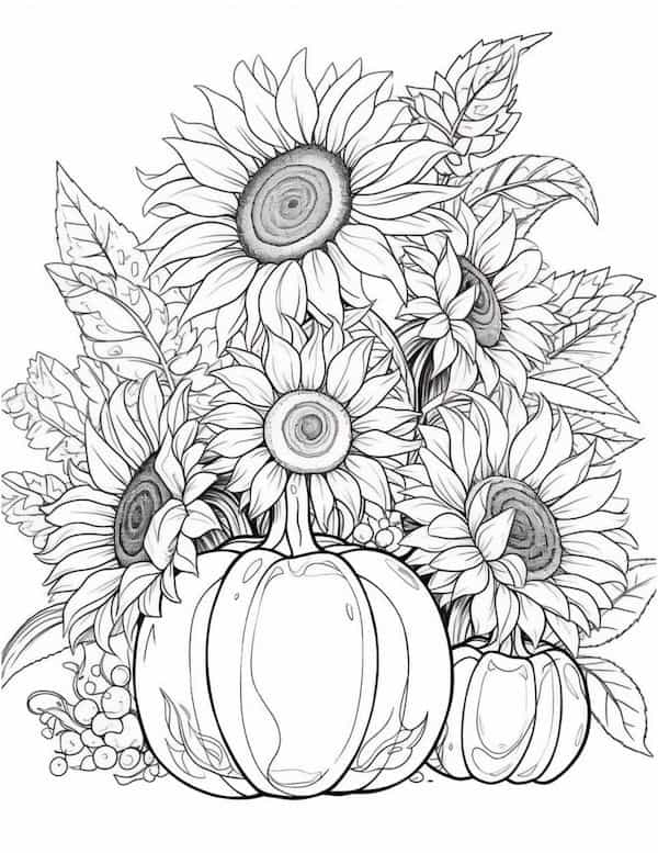 Realism sunflowers and pumpkin coloring page