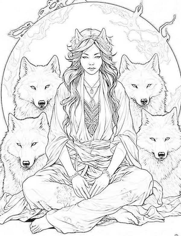 Realistic goddess and her wolves