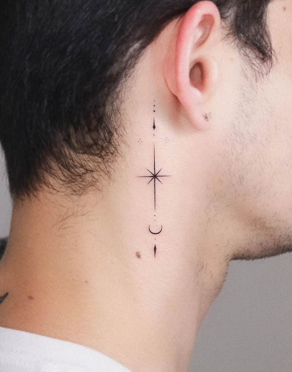 Simple ornamental star tattoo behind the ear by @orma_tattoo