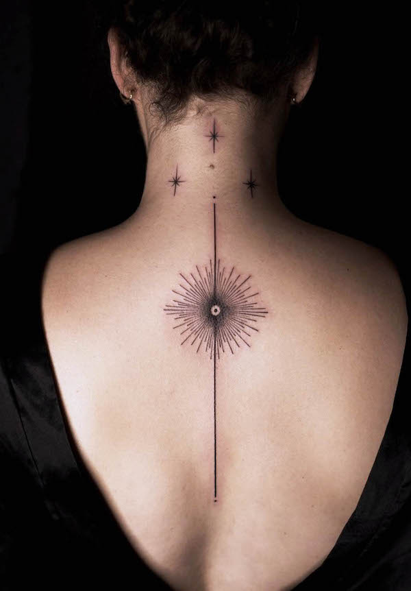 Sun and stars spine tattoo by @flashlightuniverse