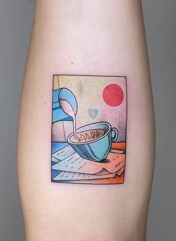 Sunset and coffee painting tattoo by @liang_0711