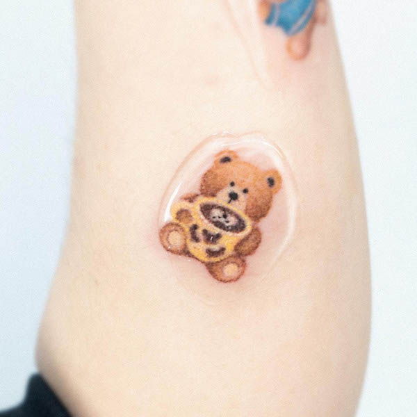Teddy bear and coffee tattoo by @daraktattoo