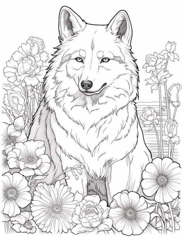 Wolf in a heavenly flower garden