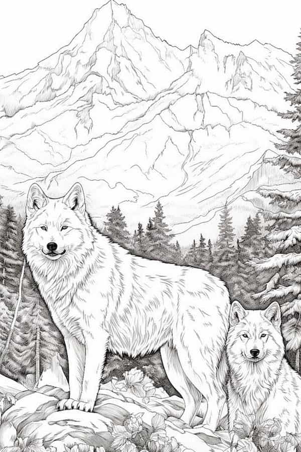 Wolf pack in wilderness coloring page