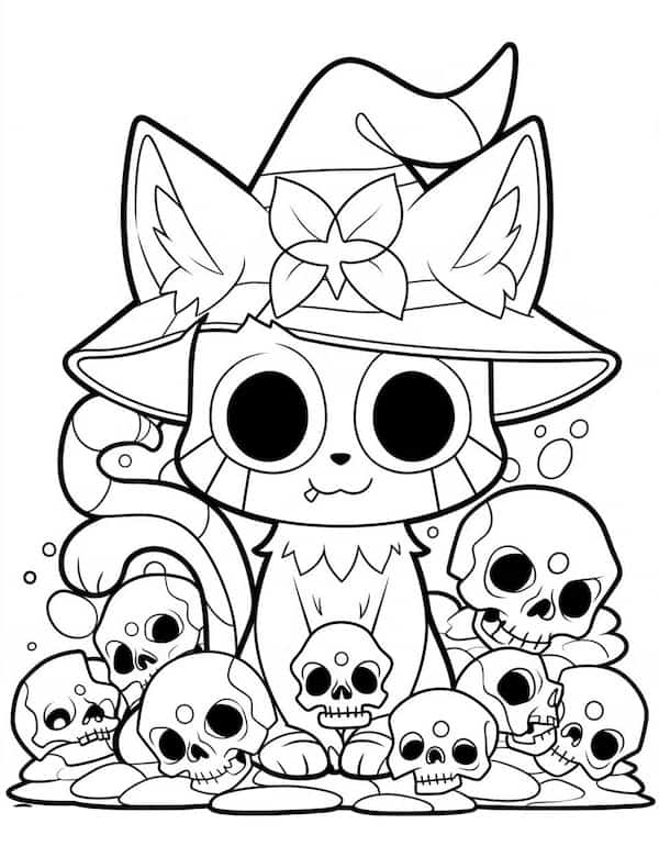 Adorable cat and skulls coloring page