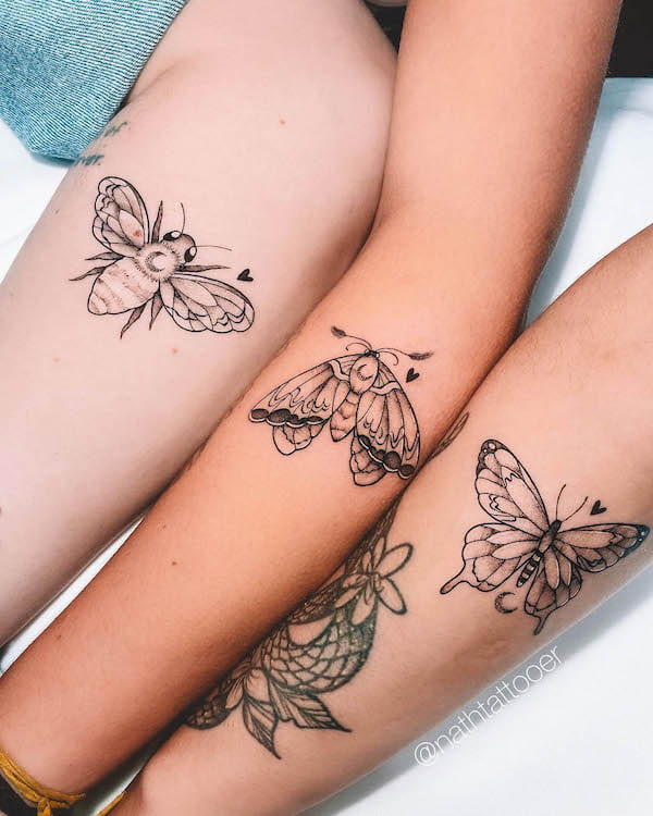 Bee moth and butterfly matching tattoos by @nathtattooer