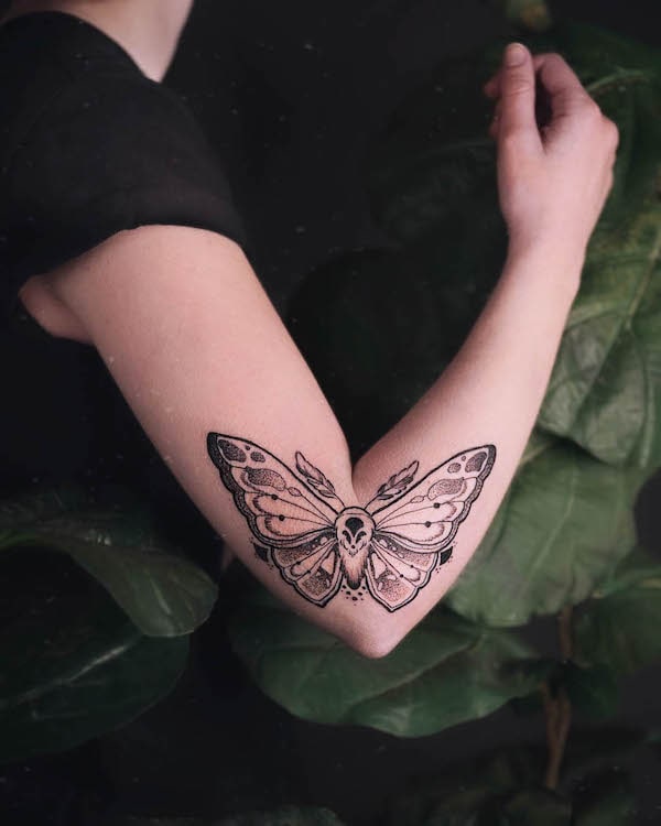 Death head moth elbow tattoo by @madame._.medusa