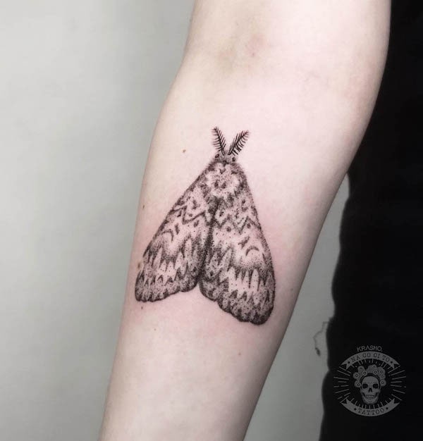 Fine line gypsy moth tattoo by @krasno_tattoo