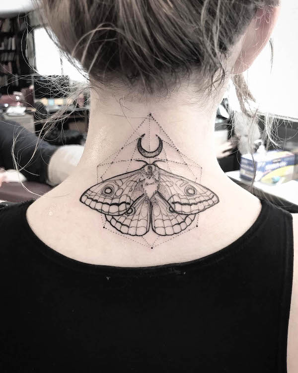 Geometric moth neck tattoo by @w_royal
