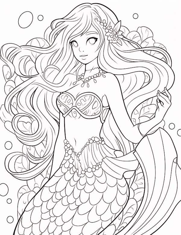 Anime-styled mermaid coloring page