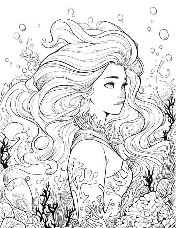 Beautiful mermaid in the ocean coloring page for adults