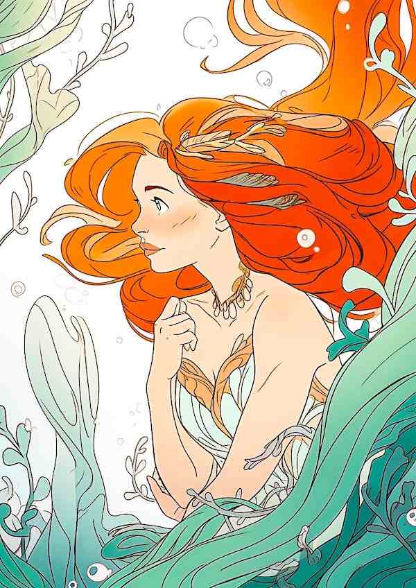 Beautiful mermaid underwater coloring page colored