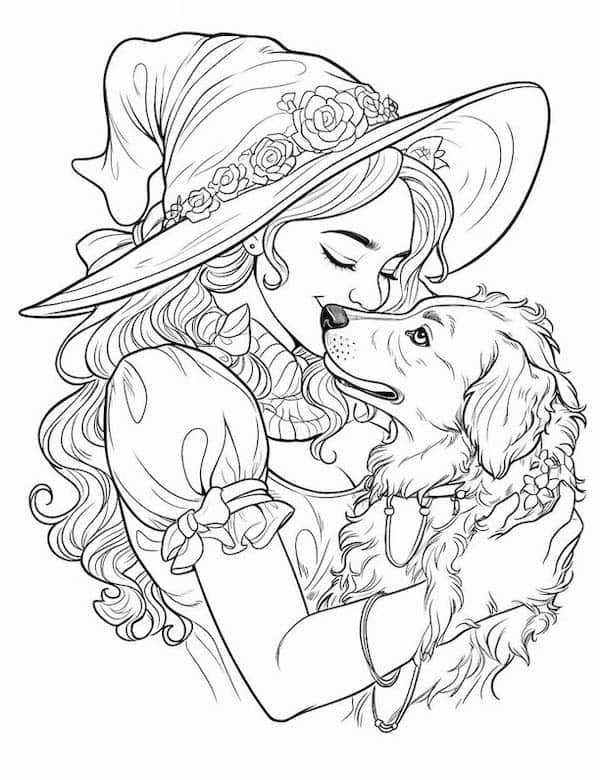 Beautiful witch with her dog