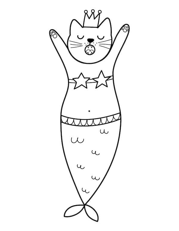 Cat mermaid coloring page for kids