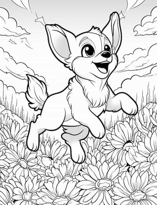 Cute puppy jumping on a sunflower field
