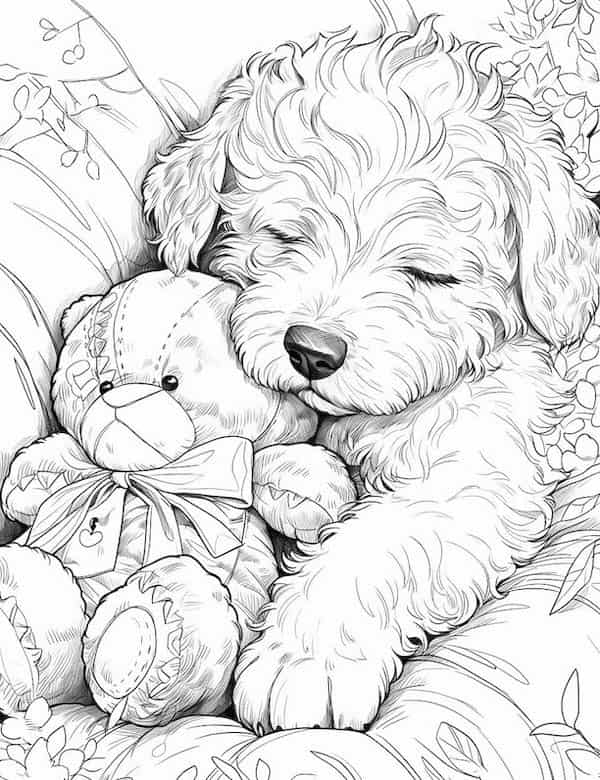 Cute puppy sleeping with teddy bear