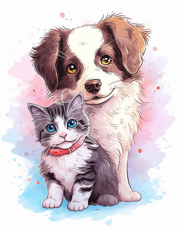 Dog and cat coloring page colored