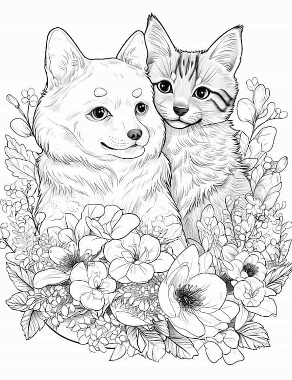 Dog and cat surrounded by flowers