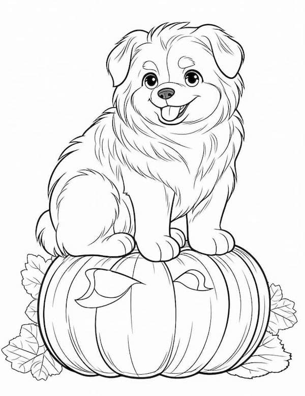 Dog sitting on a pumpkin coloring page for kids