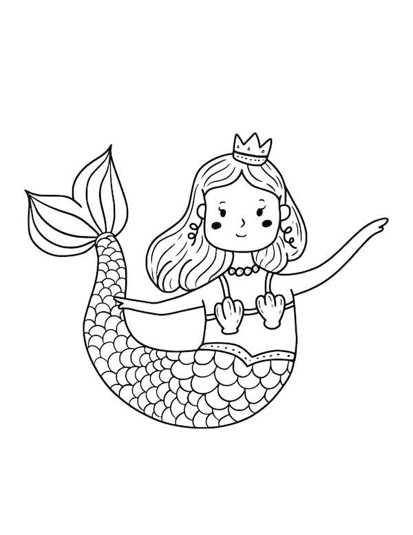 Easy mermaid with a crown coloring page