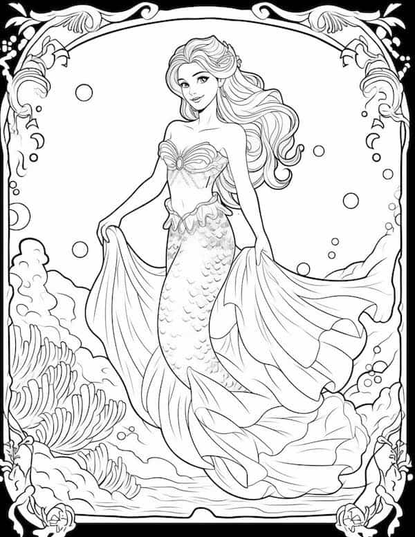Elegant mermaid coloring page
