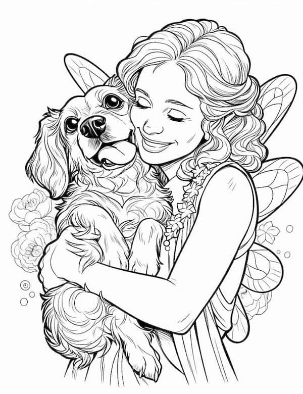 Fairy hugging her dog coloring page