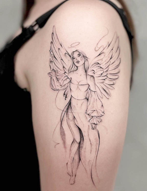 Feminine angel sleeve tattoo for women by @na.szkicowana