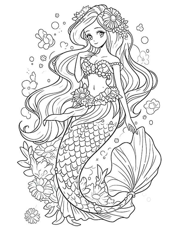 Floral-themed mermaid coloring page