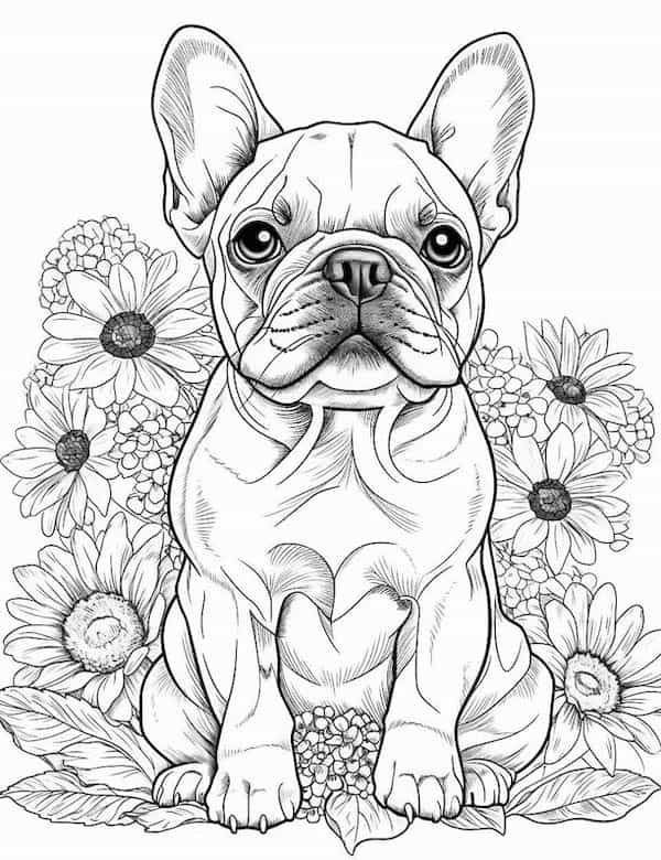 French bulldog sitting in a flower garden