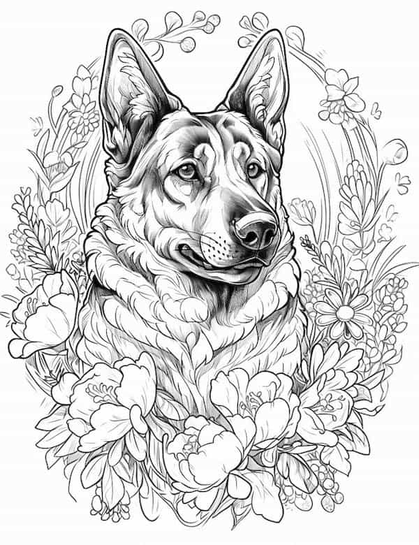 German shepherd and flowers coloring page