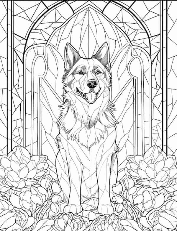 German shepherd coloring page with stained glass background