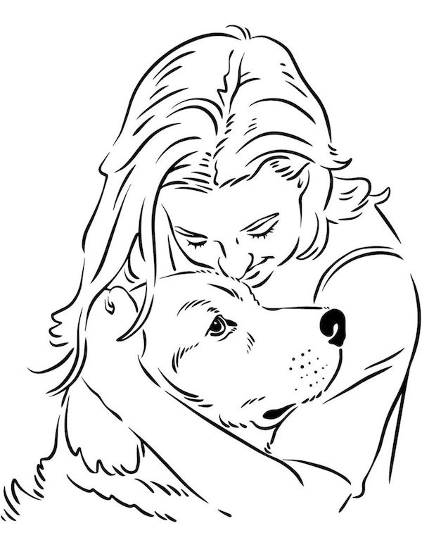 Girl hugging her dog coloring page