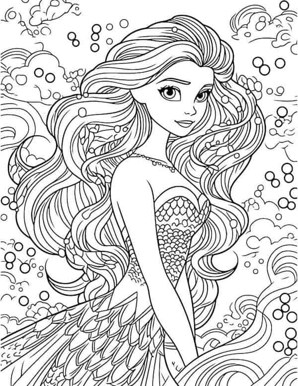 Intricate mermaid in her gown coloring page