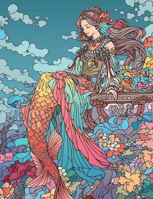 Intricate mermaid sitting on the rock coloring page colored