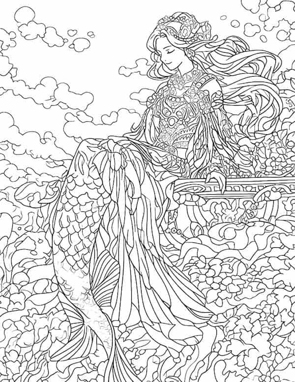 Intricate mermaid sitting on the rock coloring page