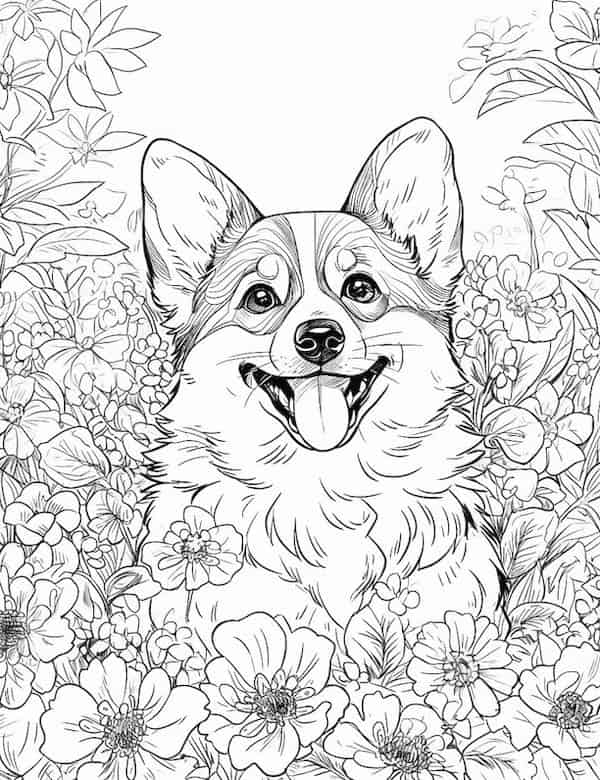 Little corgi in the flower garden